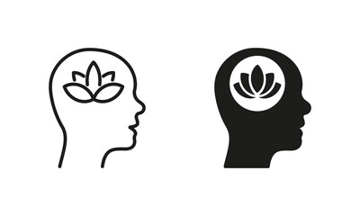 Lotus in Human Brain Wellbeing Concept Silhouette and Line Icon Set. Peace, Mental Healthy Wellness Pictogram. Meditation Yoga Symbol. Nature Flower. Editable Stroke. Isolated Vector Illustration