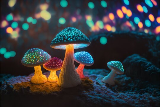 Magical mashroom in fantasy enchanted fairy tale forest with lots of brighness and lighting.