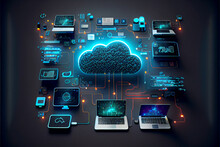 Cloud Technology, Computing. Devices Connected To Digital Storage In The Data Center Via The Internet, IOT, Smart Home Communication Laptop, Tablet, Phone Home Devices With An Online. Generative AI