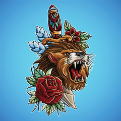 Dagger Lion  Tattoo Illustration