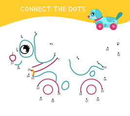 Sticker - Educational game for kids. Dot to dot game for children. Vector illustration of cartoon dog on wheels.
