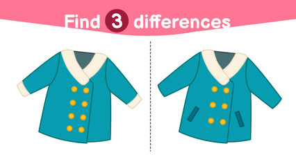 Sticker - Find differences.  Educational game for children. Cartoon vector illustration of  winter coat.