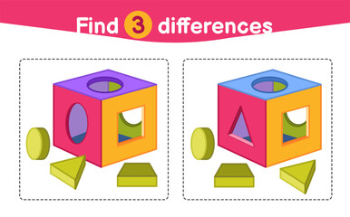 Poster - Find differences.  Educational game for children. Cartoon vector illustration of sorter with geometric shapes.
