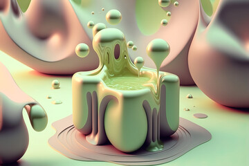 Wall Mural - Abstract fluid green background with interlaced 3d distortion effect. Futuristic liquid design. Retro futurism, web punk, rave techno neon colors. Generative AI.