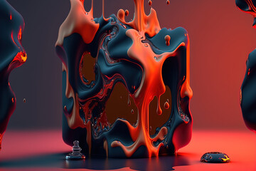 Wall Mural - Abstract fluid red and black background with interlaced 3d distortion effect. Futuristic liquid design. Retro futurism, web punk, rave techno neon colors. Generative AI.