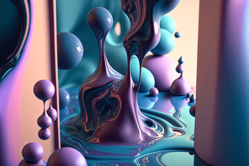 Wall Mural - Abstract fluid pink and blue background with interlaced 3d distortion effect. Futuristic liquid design. Retro futurism, web punk, rave techno neon colors. Generative AI.