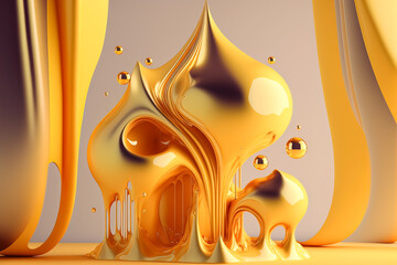 Wall Mural - Abstract fluid yellow background with interlaced 3d distortion effect. Futuristic liquid design. Retro futurism, web punk, rave techno neon colors. Generative AI.