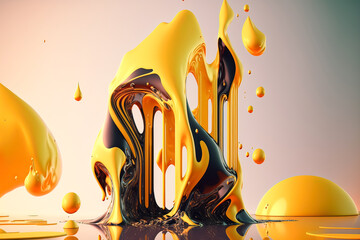 Wall Mural - Abstract fluid yellow background with interlaced 3d distortion effect. Futuristic liquid design. Retro futurism, web punk, rave techno neon colors. Generative AI.