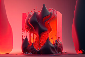 Wall Mural - Abstract fluid red and black background with interlaced 3d distortion effect. Futuristic liquid design. Retro futurism, web punk, rave techno neon colors. Generative AI.