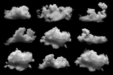 Wall Mural - Separate white clouds on a black background have real clouds. White cloud isolated on a black background realistic cloud. white fluffy cumulus cloud isolated cutout on black background