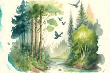 AI Generated Watercolor Picture Of A Forest Landscape In In Sommer With Birds And Butterflies. 