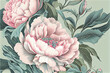 Soft pastel floral pattern with peonies in pink and green with a vintage oriental feel, generative AI
