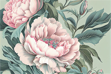 Wall Mural - Soft pastel floral pattern with peonies in pink and green with a vintage oriental feel, generative AI