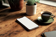 Mockup de téléphone portable posé sur un bureau en bois, écran vide blanc, tasse café, plante, intérieur fenêtre (AI)