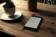 Mockup de téléphone portable posé sur un bureau en bois,  écran vide blanc, plante, intérieur, extérieur (AI)