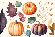 Set Of Colorful Autumn Leaves And Pumpkins. Watercolor Generative Ai Created Art And Collection