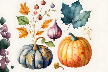 Set of colorful autumn leaves and pumpkins. watercolor generative ai created art and collection