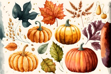 Wall Mural - Set of colorful autumn leaves and pumpkins. watercolor generative ai created art and collection