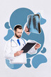 Vertical collage picture of professional doctor white coat read clipboard paper examine x-ray lungs scan isolated on creative background