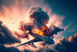 Aircraft explosion during flight. Airliner catastrophe. Plane accident in clouds. Generative AI