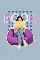 Canvas Print - Creative abstract template collage of young woman sitting purple beanbag cover face book reader interesting novel sale shopping advert