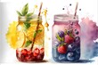 illustration of blackberry raspberry, strawberry fruit, glass drink in a glass jar, street food, generative ai, watercolor