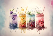 Boba Tea Cocktail With Ice, Straw, Glass, Fruit, Cocktail, Juice, Pink, Generative Ai, Watercolor Illustration