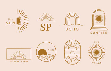 Wall Mural - Collection of line design with sun,sea,wave.Editable vector illustration for website, sticker, tattoo,icon