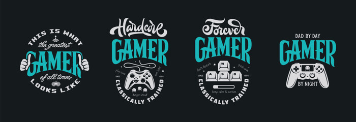 Wall Mural - Video games related t-shirt design set. Hand drawn joystick gamepad controller. Gamer quote text phrase quotation. Vector vintage illustration.