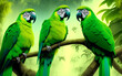 Three green parrots on a tree in the rainforest. Generative Al Illustration.