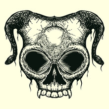 Vampire Skull With Horn Hand Draw Illustration In Black White Color, Isolated Vampire Skull
