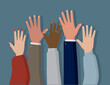 Illustration montrant des mains levées d'hommes et de femmes. Concept de vote, de liberté et de diversité. Sur fond bleu