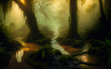 Wall Mural - Dark jungle with footpath illuminated by magic light.Generative Al Illustration.