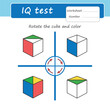A game for the development of logic and attention in children. Rotate the cube and color the faces. printed sheet. Vector illustration. Practice test iq.