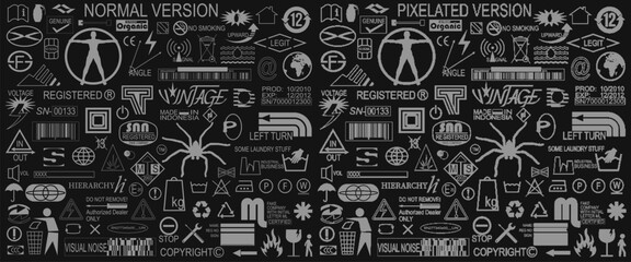 custom made and universal symbols, mash up of logos, label signs collection with similar aesthetic f