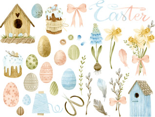 Watercolor Easter eggs, lettering, birdhouses and flower elements set