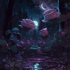 Pink roses in fantasy forest