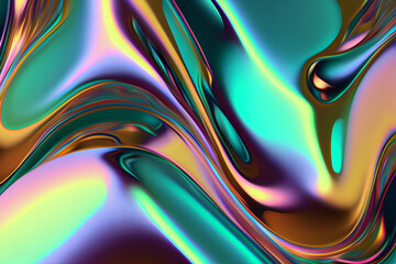 Wall Mural - Iridescent liquid metal surface with ripples. 3d illustration. Abstract fluorescent background. Fluid neon leak backdrop. Ultraviolet viscous substance. Generative Ai.