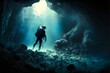 Freshwater cave diving man exploring a submerged cave system extreme sport subaquatic illustration landscape
