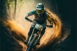 Downhill mountain biking man wearing a helmet in mountain forest with dirt and extreme sport vibes illustration