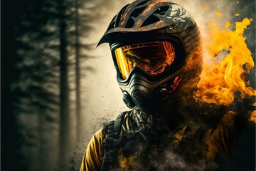 Wall Mural - Downhill mountain biking man wearing a helmet in mountain forest with dirt and extreme sport vibes illustration