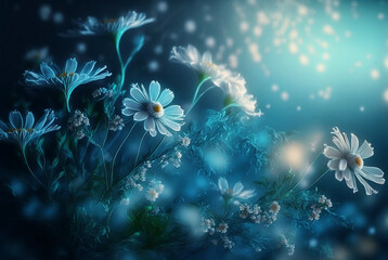 Wall Mural - magic white chamomile flowers at blue night