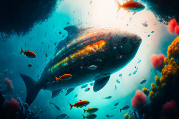 A submarine navigating through schools of colorful fish