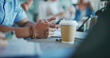 Poster - Hands, research or business man with phone in meeting for communication, networking or internet app. Zoom, team building or employee with smartphone for social media, blog content or planning at desk