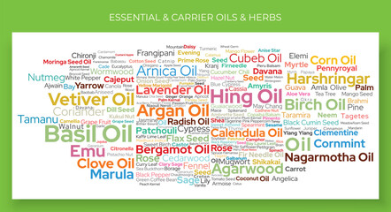 Essential oil banner design. Oil names typography, Herbs names, oil banner cloud concept typography. Carrier oils banner design herb names word cloud style vector collection illustration 