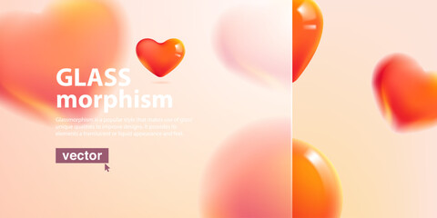 Romantic background with blurred floating red hearts and matte frame for text in glassmorphism style.