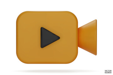 Yellow Video camera icon isolated on white background. 3d Realistic movie icon, play button for the interface of applications and web pages. Video, streaming, multimedia. 3D vector illustration.