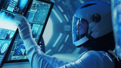 Wall Mural - Team of astronauts in a space suits aboard the orbital station. A crew of cosmonauts piloting the spaceship. Man and woman in space. Galactic travel and science concept.