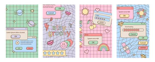 Fototapete - Social media ig story templates in old school nostalgic design with computer interface elements. Retro 80s 90s aesthetic backgrounds. Set of vintage vertical banners in vaporwave Y2K style. Vector