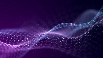 Fototapete - Abstract wave of dots in blue and purple tones. Equalizer for music. 3D rendering.
